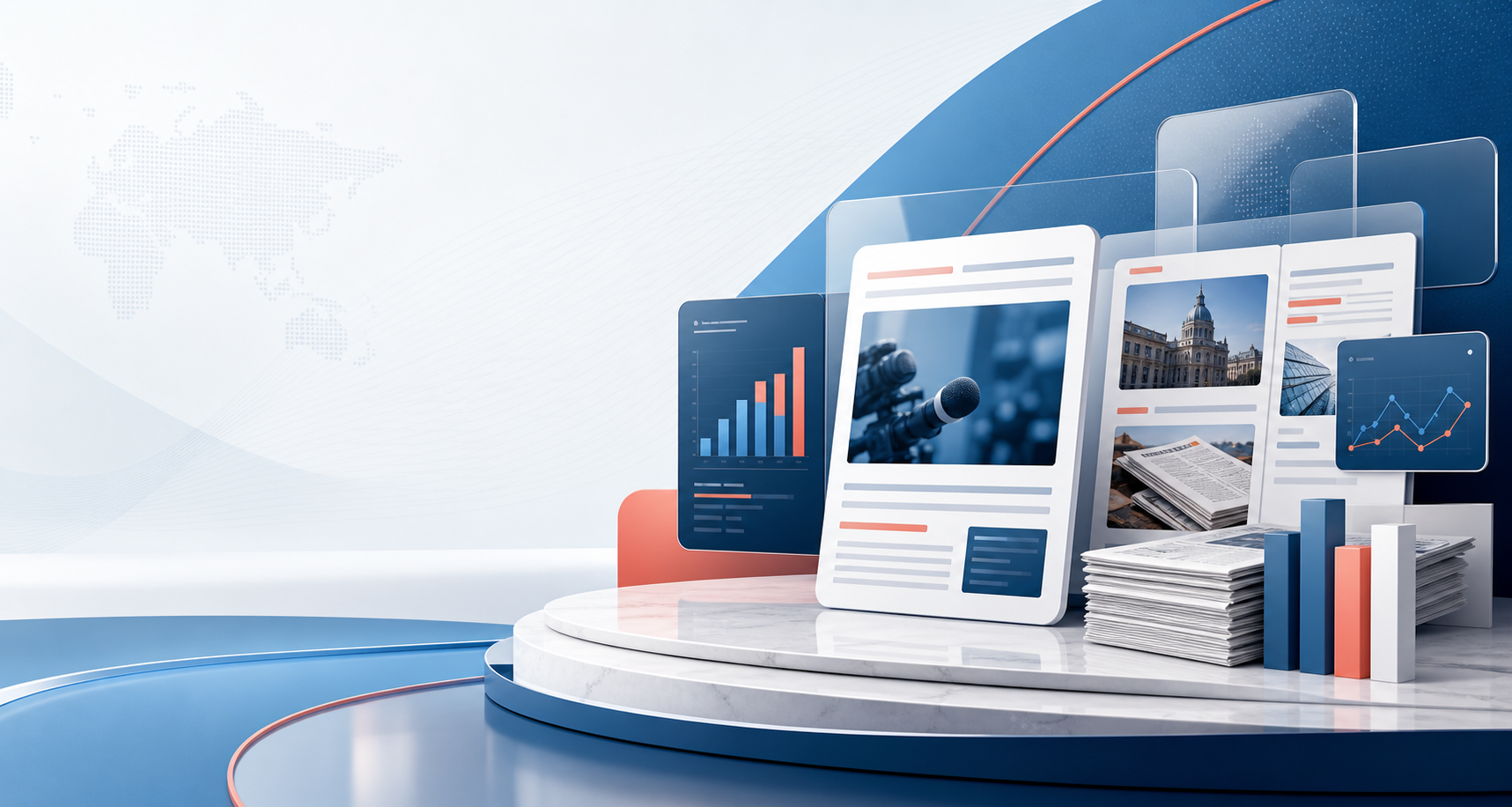 Premium digital newsroom illustration with media cards and analytics panels